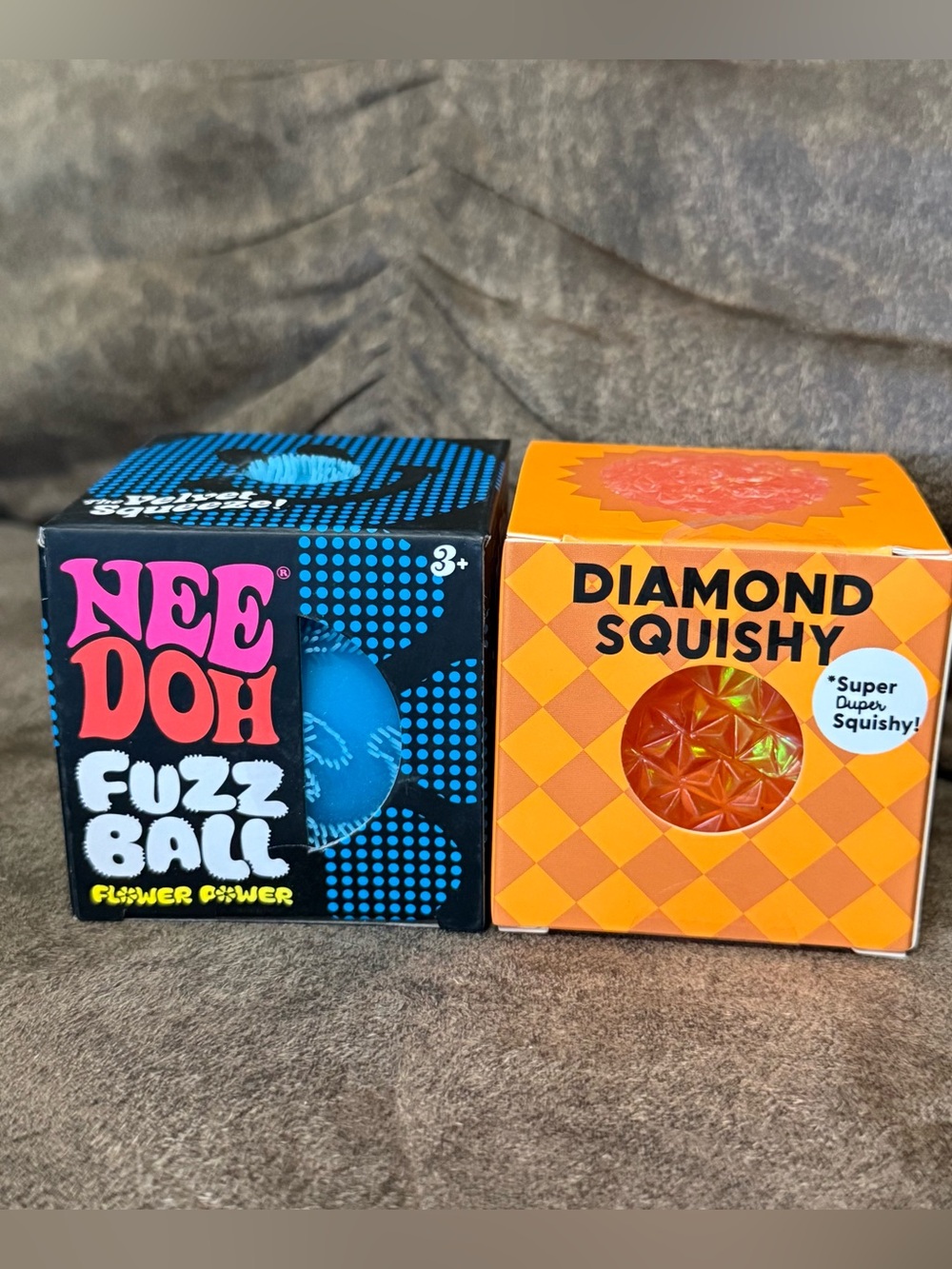 NEW Needoh Fuzz Ball The Velvet Squeeze BLUE & J’adore Diamond Squishy ORANGE